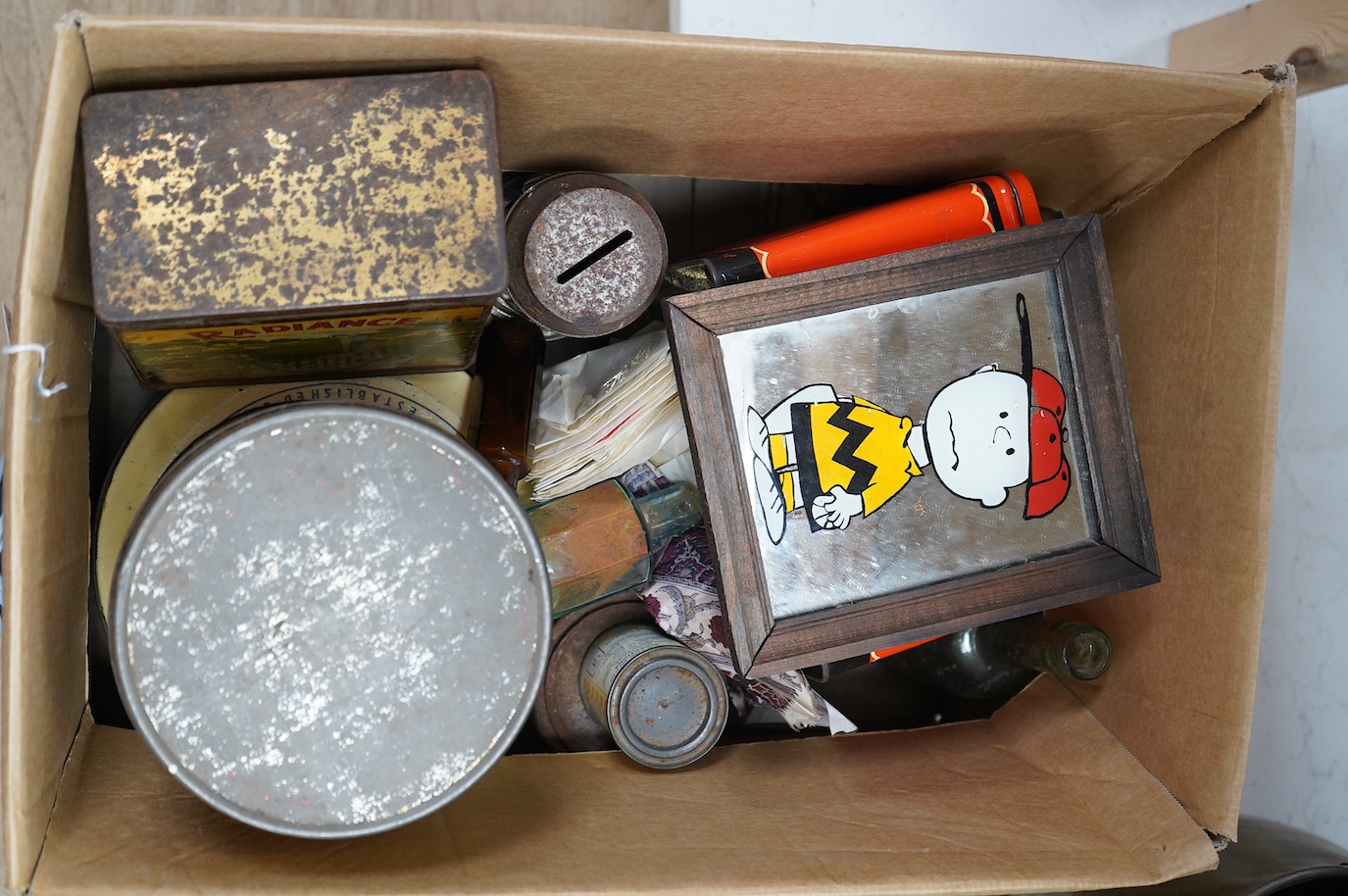 Eight mid 20th century branded product tins, some decorative, various cigarette and other packaging. Condition - poor to fair